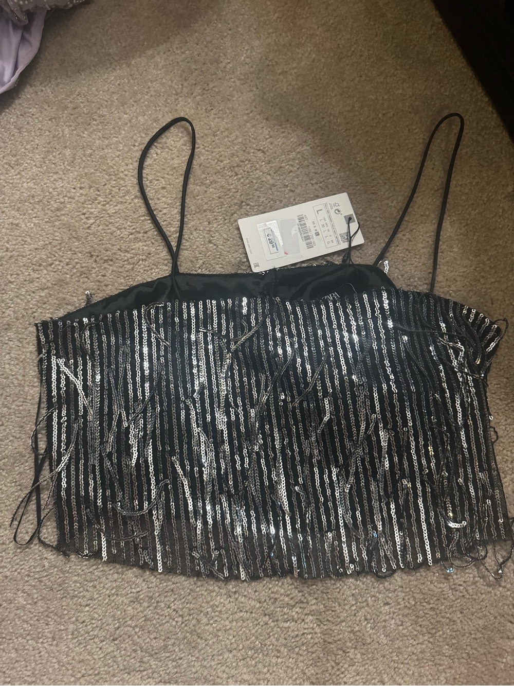 Zara Black Sequin Fringe Spaghetti Strap Crop Top